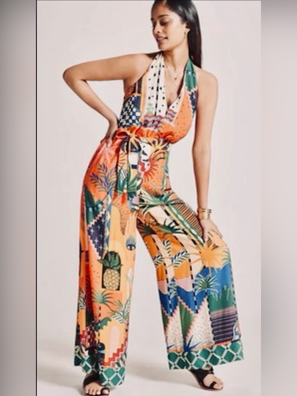 FARM RIO x Anthropologie Halter Jumpsuit W/ MCM Vibrant Tropical Print. Wide Leg